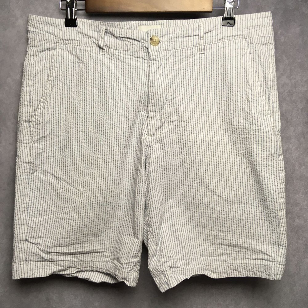 Ben Sherman Mens Seersucker Shorts 34 Blue White Stripe Stretch Fit‎ Flat Front